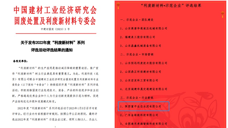 喜報！富平公司榮獲2022年度全國利廢新材料“示范企業(yè)”稱(chēng)號