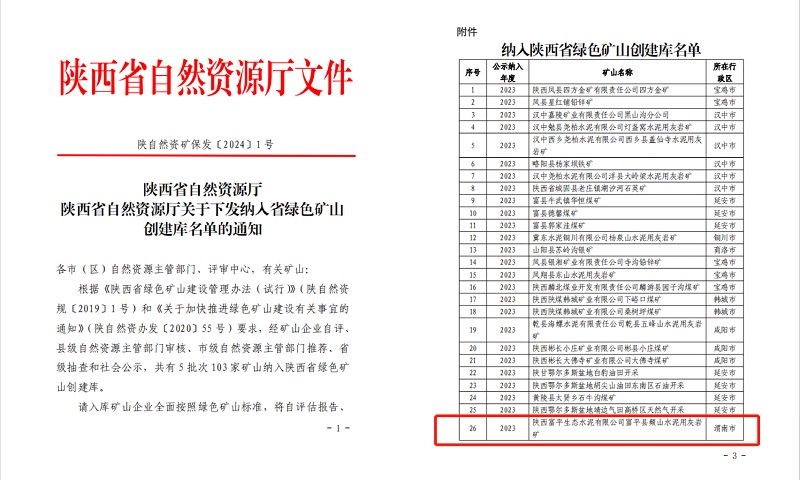 喜訊！富平公司成功納入陜西省綠色礦山創(chuàng  )建庫